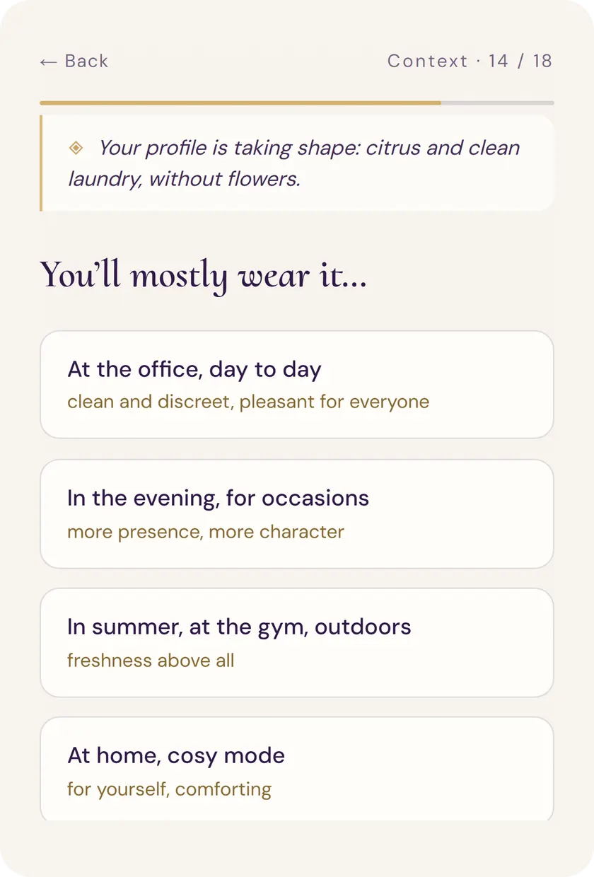 Question about intended use: office, evening, outdoors or cosy at home.