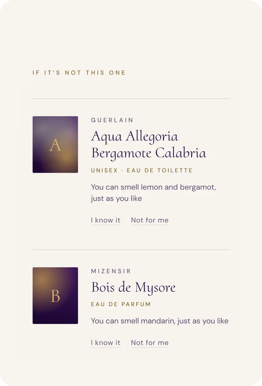 The recommended perfumes from the catalogue, each with the reason it was picked.