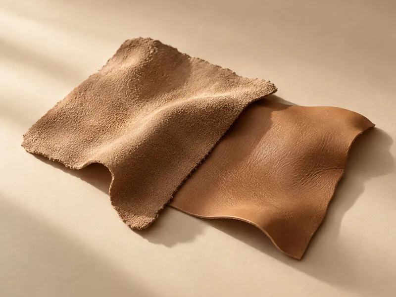 Square of tawny suede resting on smooth vegetable-tanned leather