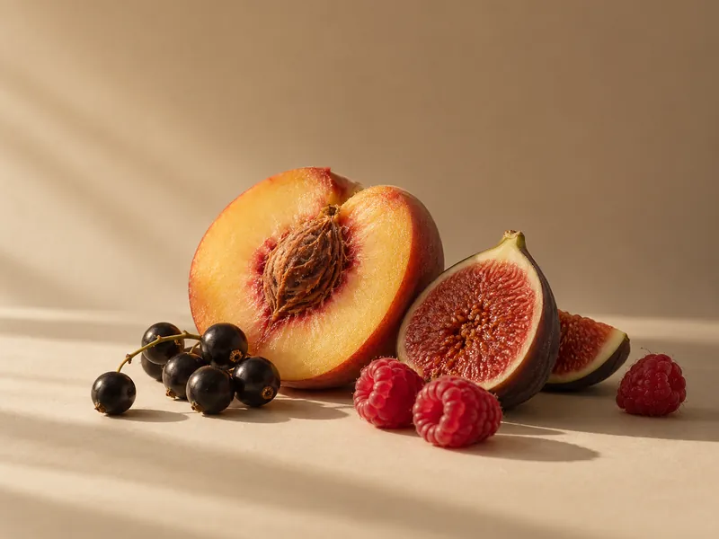 Half a peach and its stone, open fig, blackcurrants and raspberries