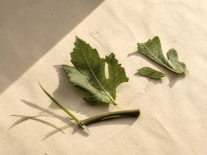 Freshly torn green leaves and cut stems
