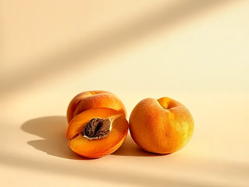 Velvety apricots, one cut open to show its stone