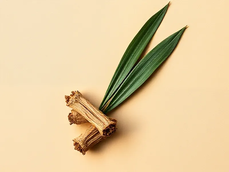 Pieces of dried calamus root beside a leaf