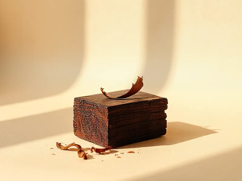 Block of dark wood with reddish glints, one curled shaving