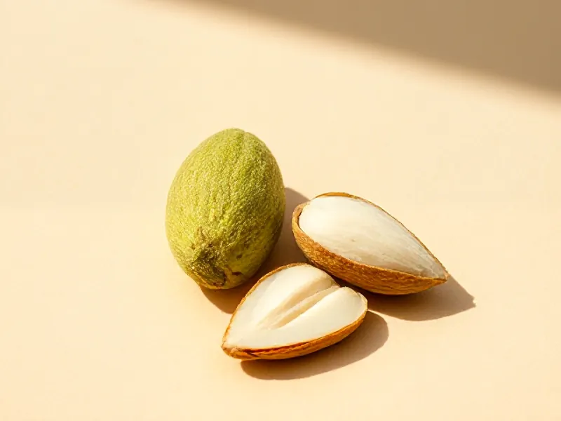 Unripe green almonds, one split to show the white kernel