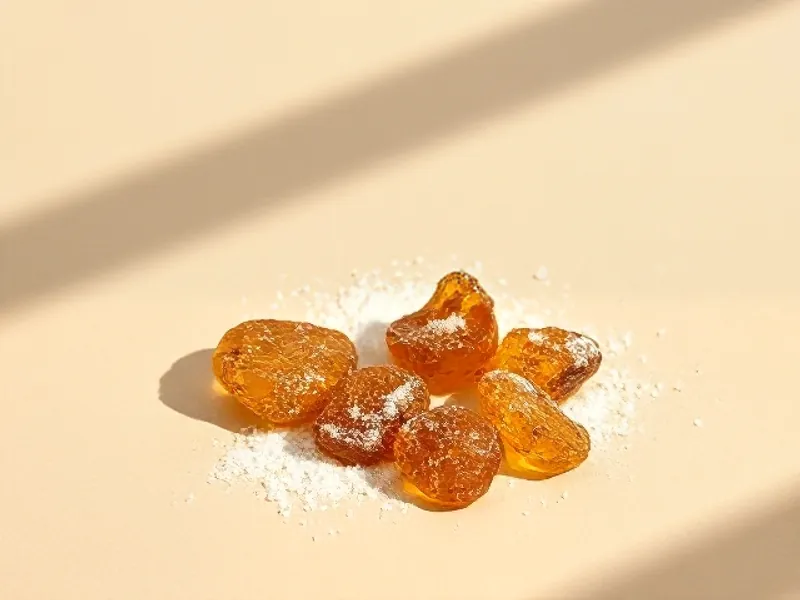 Pieces of amber resin dusted with sugar