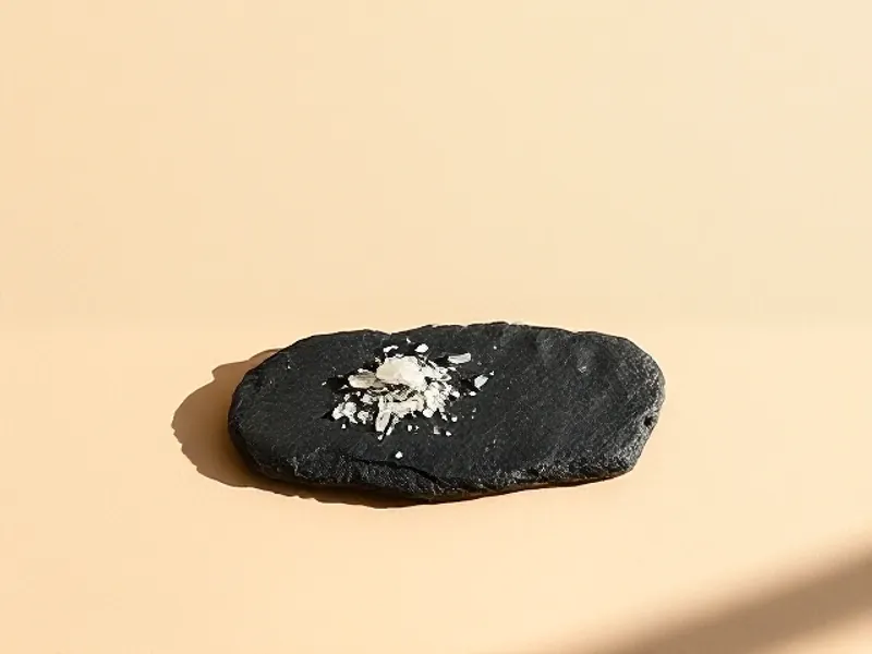 Fine white crystals on a dark slate
