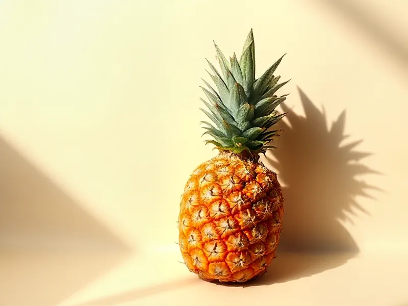 Whole pineapple with scaly skin and green crown