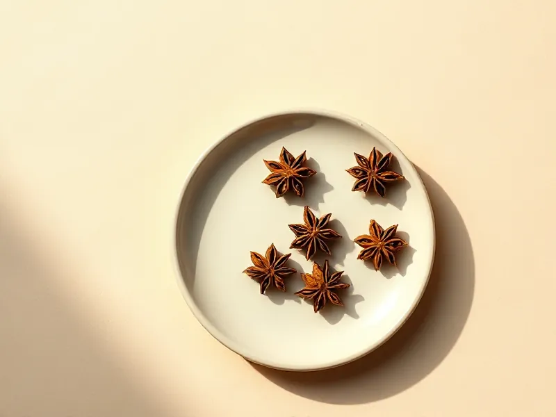 Star anise pods in a white dish