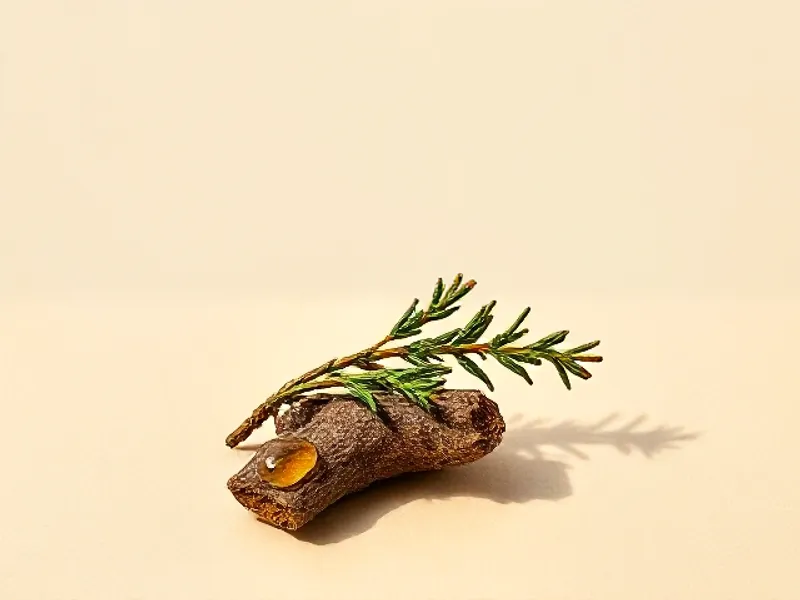 Drop of fir resin on bark, a sprig of needles