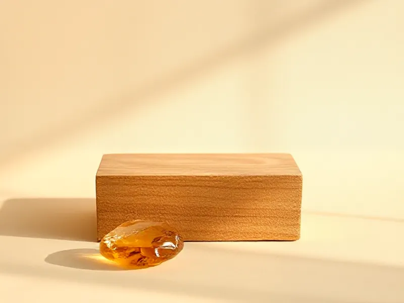 Block of honey-coloured wood beside a translucent amber-coloured stone