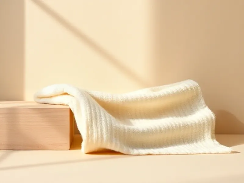 Cream cashmere knit resting on a block of pale wood