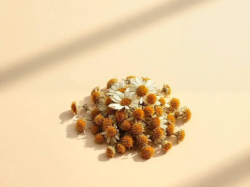 Small heap of dried chamomile flowers