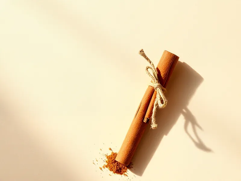 Rolled cinnamon stick tied with string, a little ground cinnamon