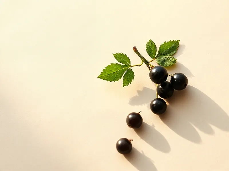 Cluster of black blackcurrants and serrated green leaves