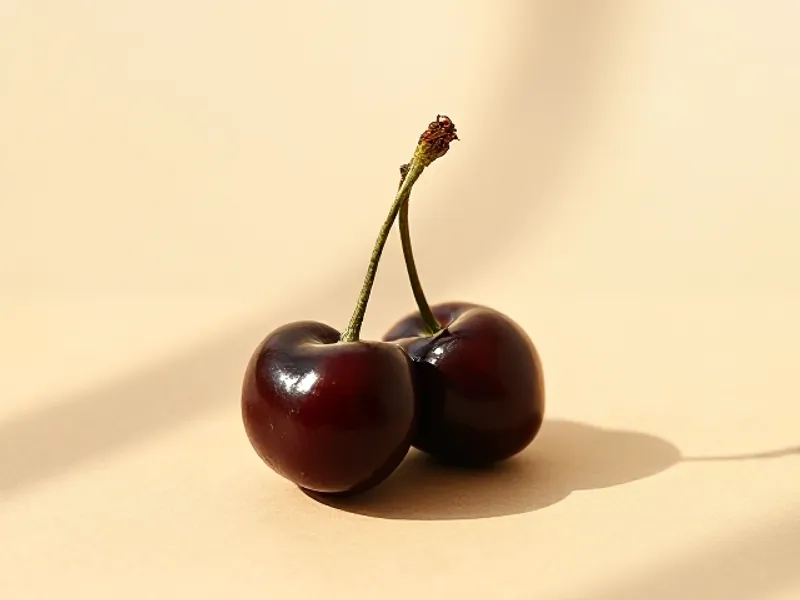 Two dark, glossy cherries joined by their stalk