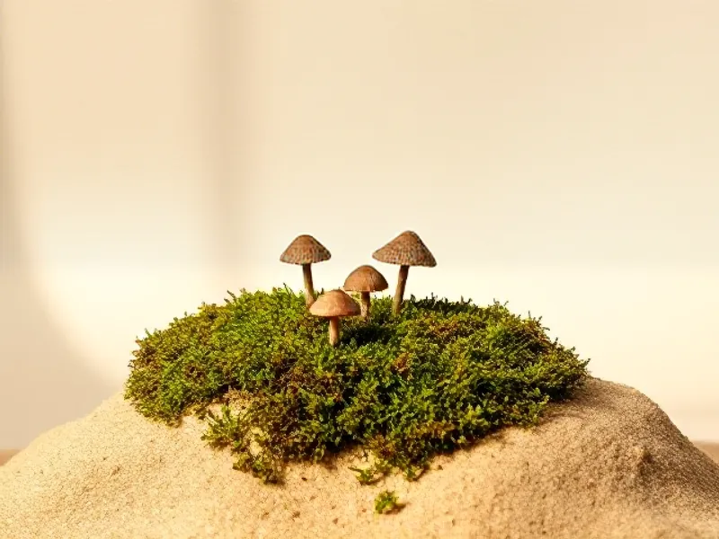 Small wild mushrooms on a patch of moss