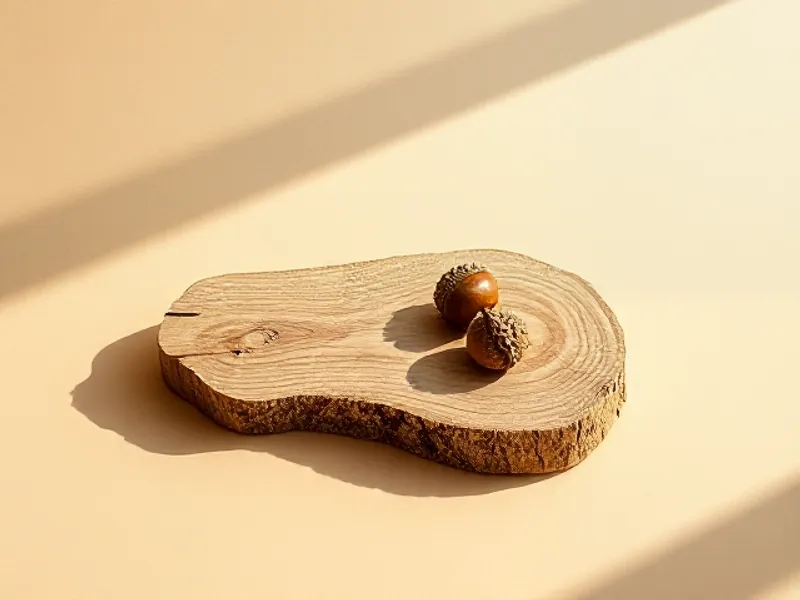 Slice of oak wood with an acorn