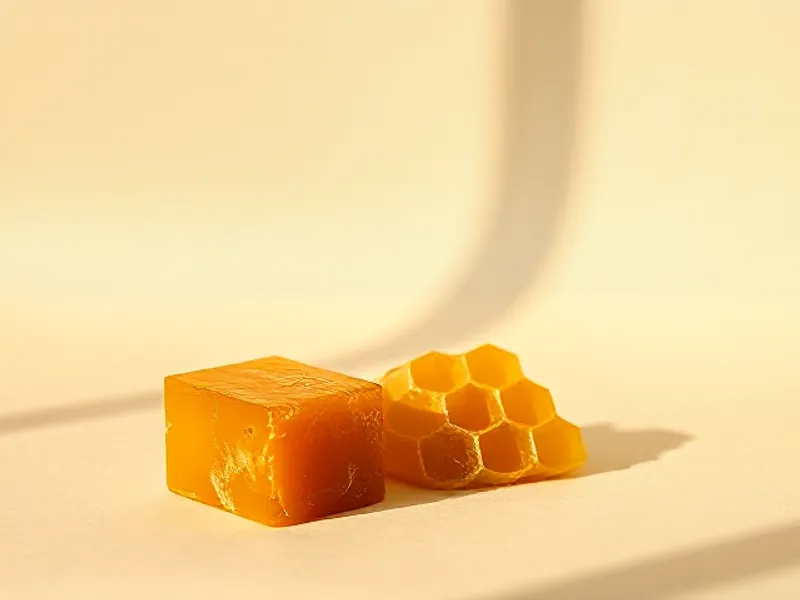 Block of beeswax beside a piece of honeycomb