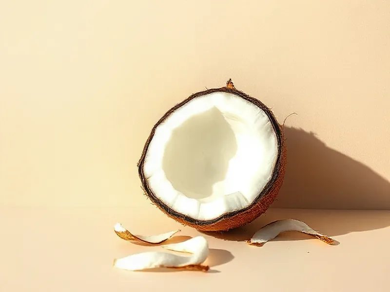Coconut cut in half showing its white flesh