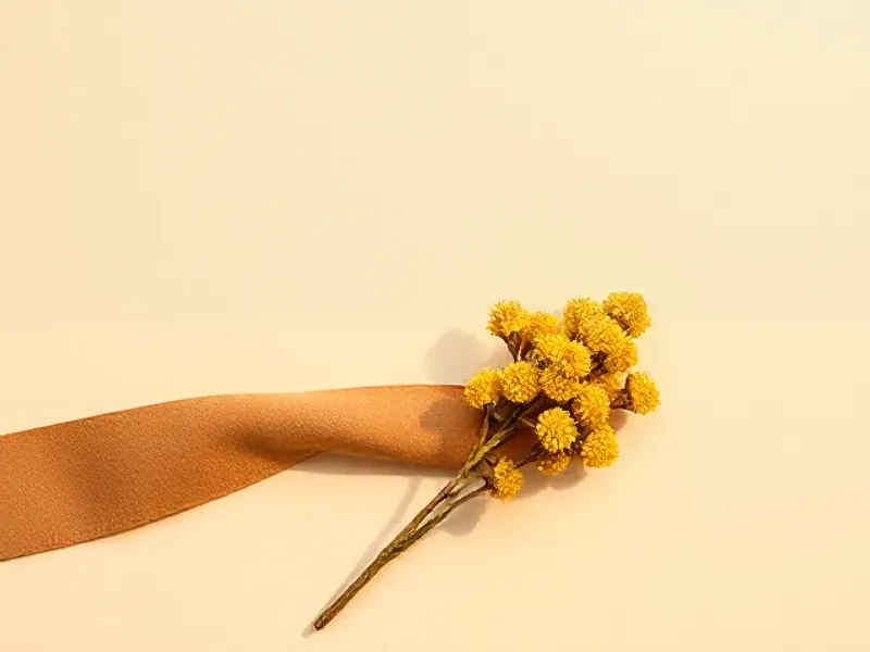 Tawny suede strip beside a sprig of mimosa