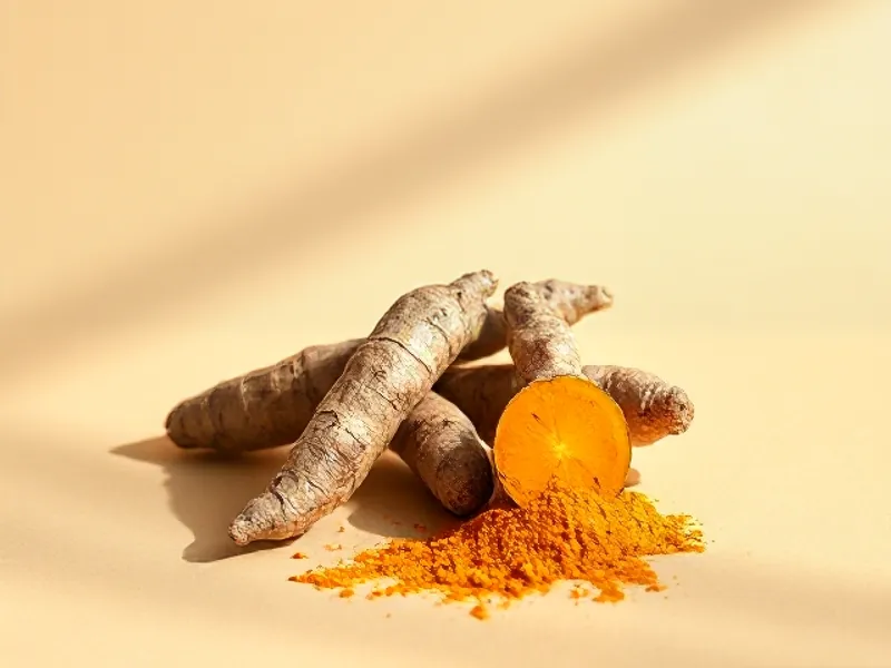 Turmeric roots and orange powder