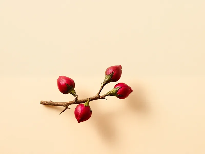 Red rose hips on a thorny stem
