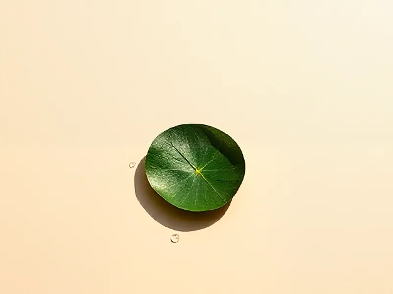 Round green leaf floating on water with a droplet