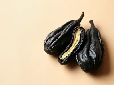 Dark, wrinkled tonka beans, one split open