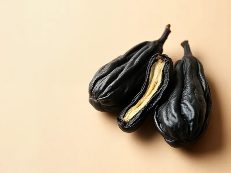Dark, wrinkled tonka beans, one split open
