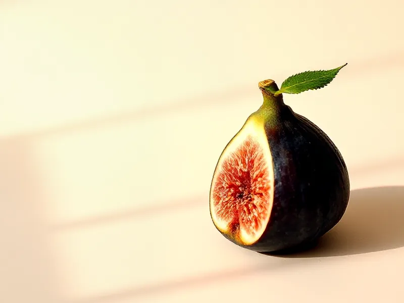 Fig cut in half showing its pink flesh, a leaf beside it