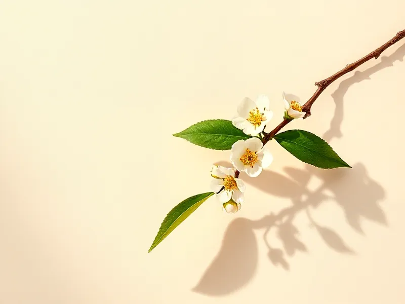 Branch of white orange blossom and green leaves