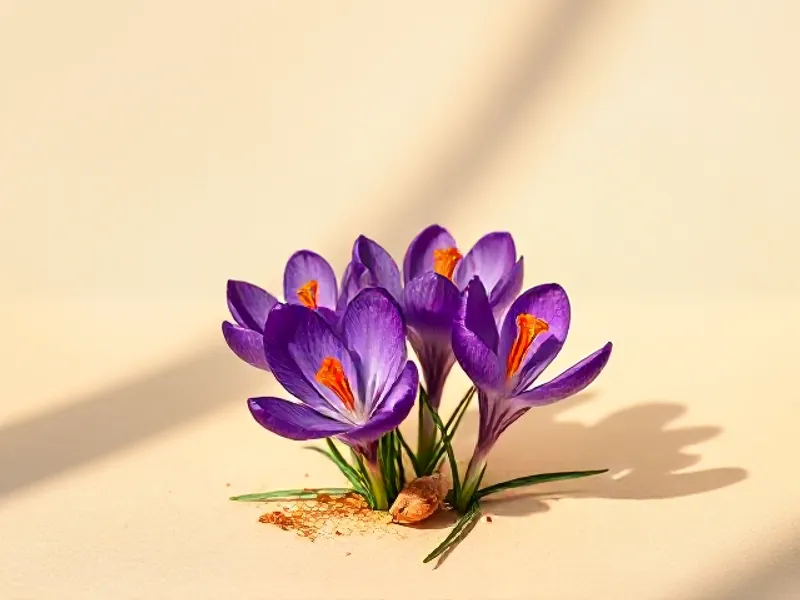 Purple crocus flowers with orange stigmas