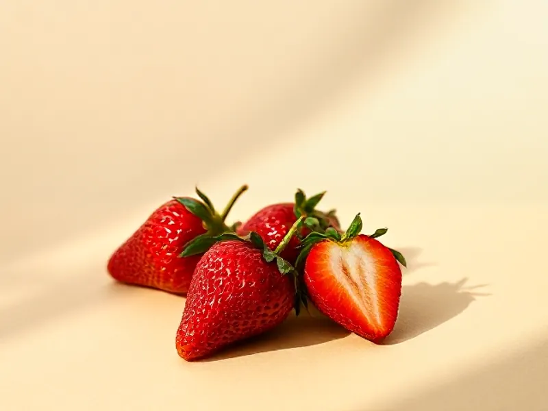 Fresh strawberries with their leaves, one cut in half