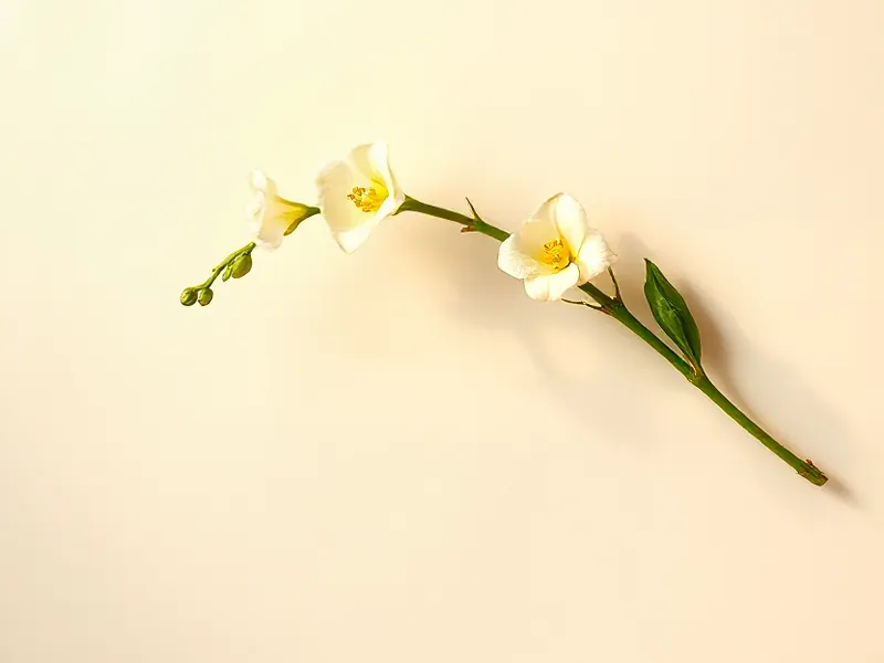 Arching stem of white and pale yellow freesia