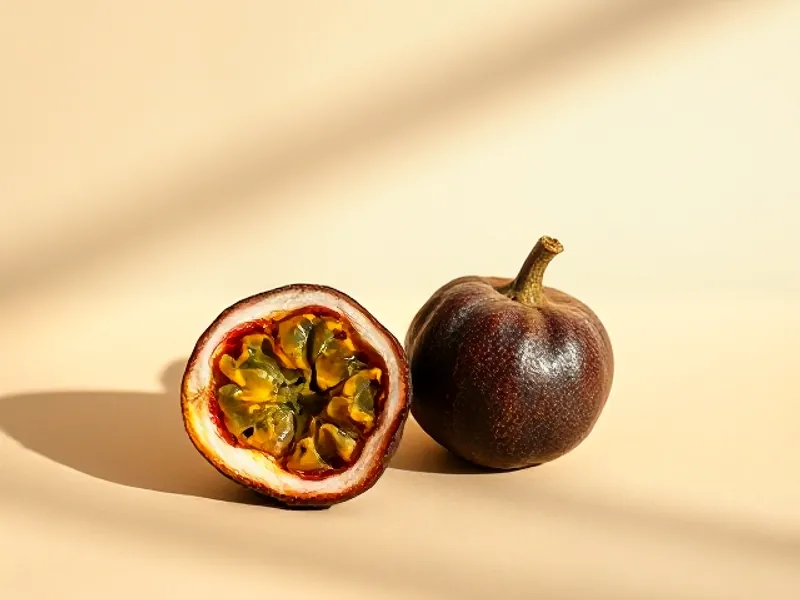 Passion fruit cut open to show its pulp, a whole wrinkled fruit beside it