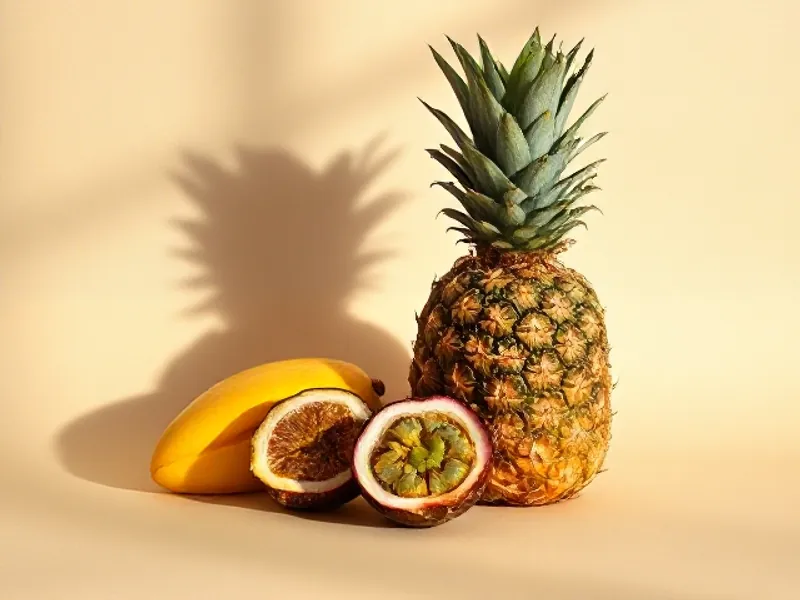 Still life of tropical fruit: banana, pineapple, passion fruit