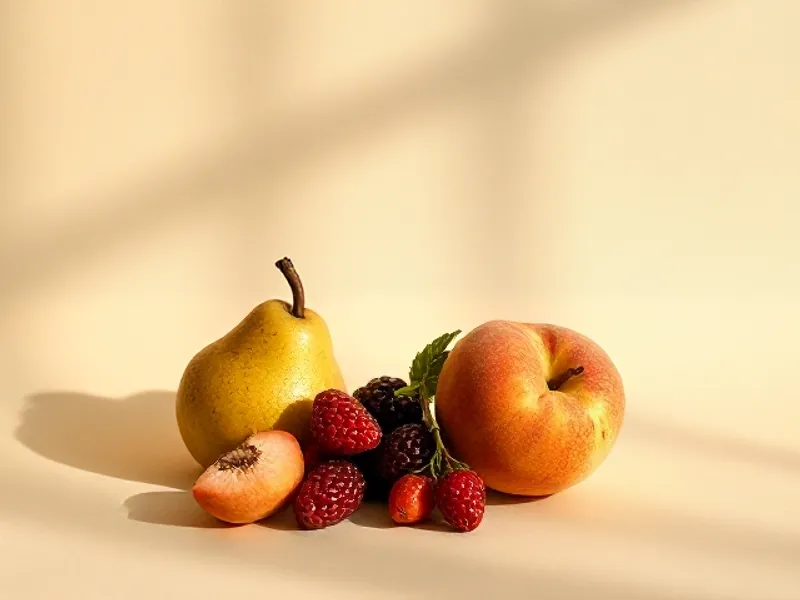 Still life of assorted fruit: pear, peach and berries
