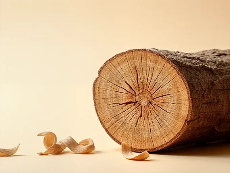 Section of guaiac wood showing its grain, curled shavings
