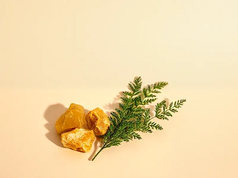 Pieces of yellow-green galbanum resin beside a green sprig