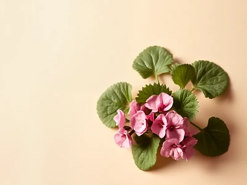 Rounded rose geranium leaves and small pink flowers