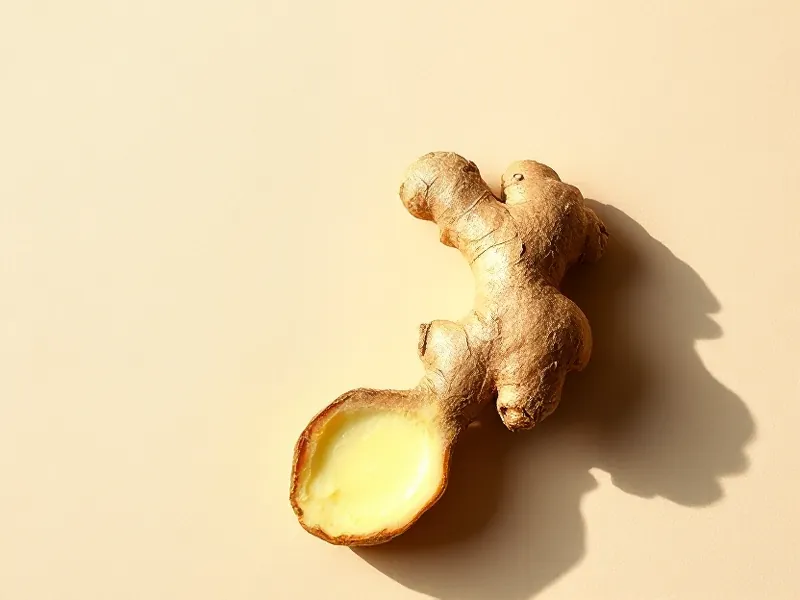 Fresh ginger root, one piece cut to show its yellow flesh