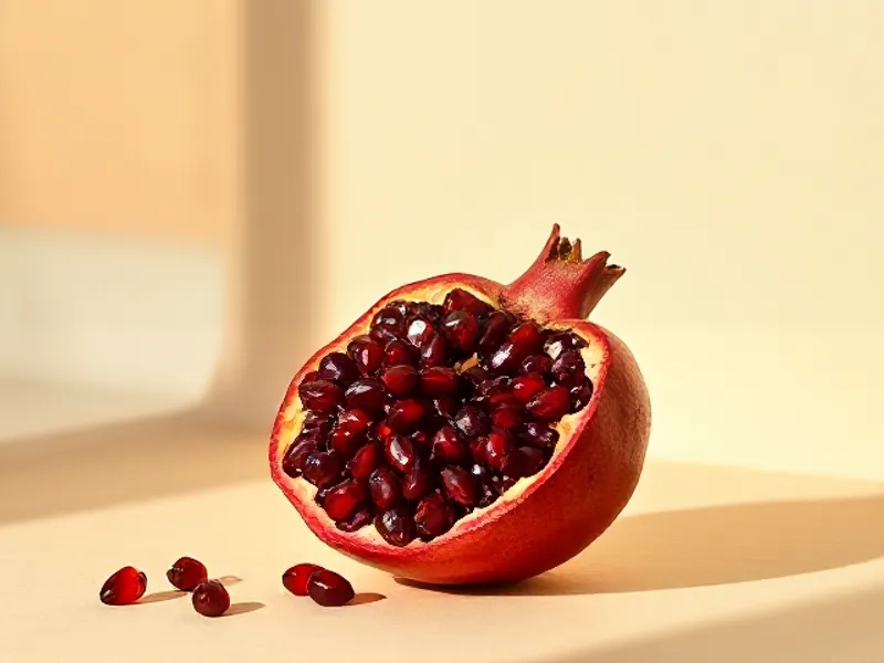 Open pomegranate showing ruby-red seeds