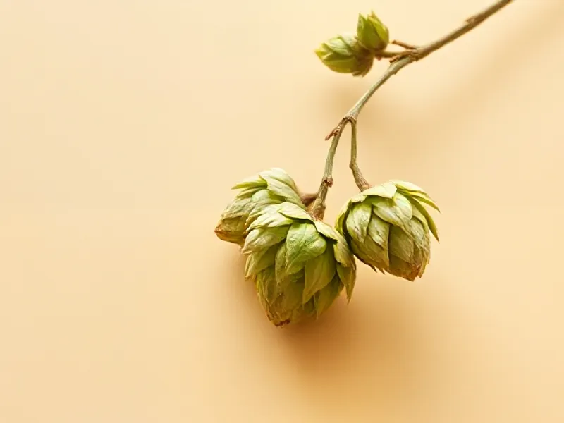 Green, papery hop cones on a vine