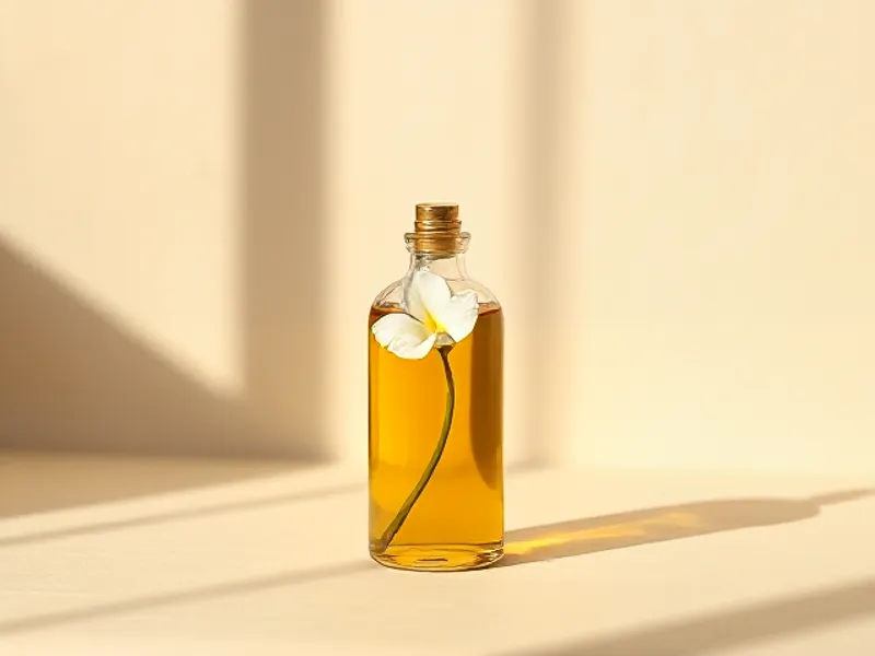 Bottle of golden oil with a floating tiaré flower