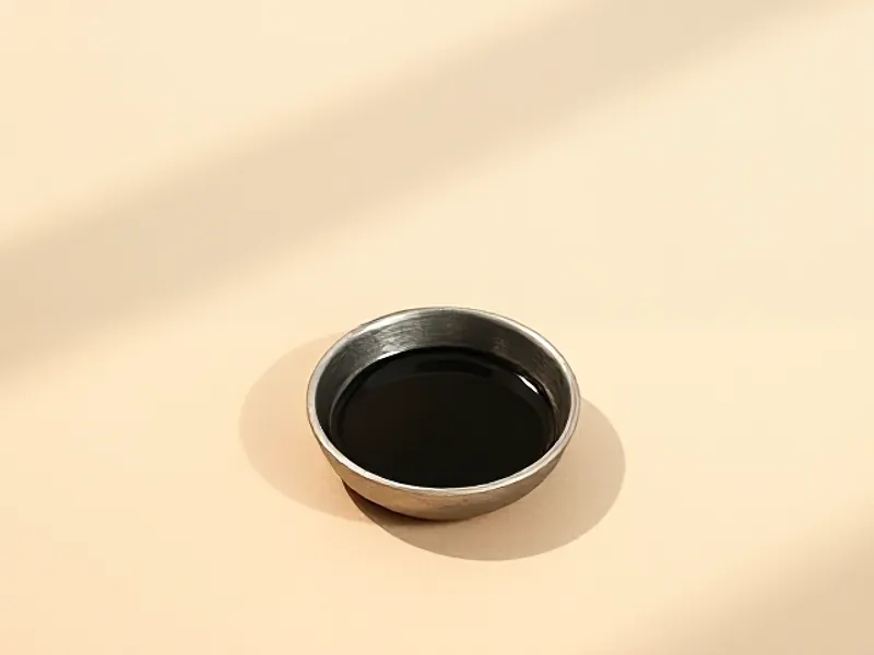 Metal dish of dark, glossy oil