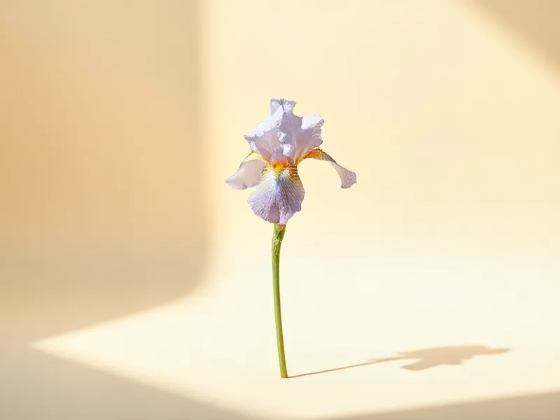 Pale mauve iris flower with wavy petals, on a long stem