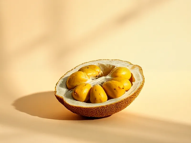 Open jackfruit showing its golden pods