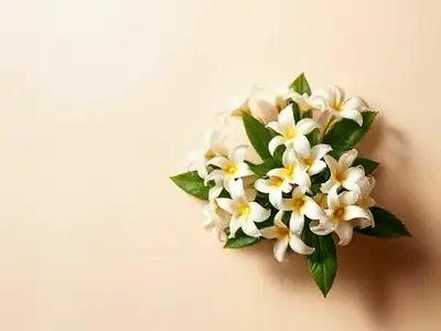 Cluster of white star-shaped jasmine flowers on a leafy branch