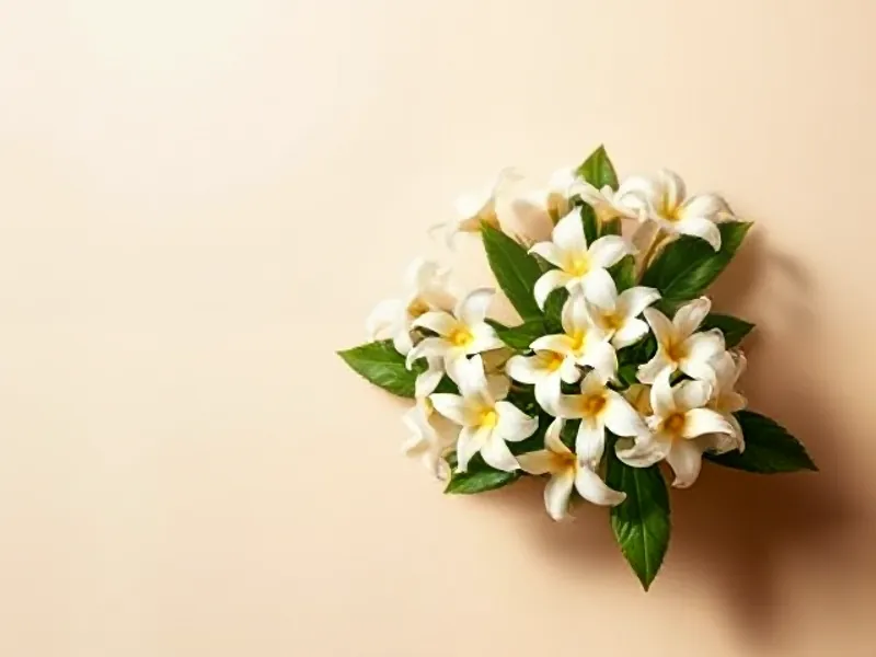Cluster of white star-shaped jasmine flowers on a leafy branch